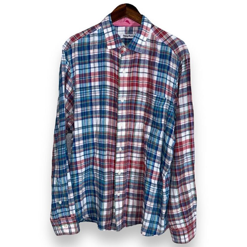 Plaid Tommy Bahama Linen Print Button Up Shirt Size LT
